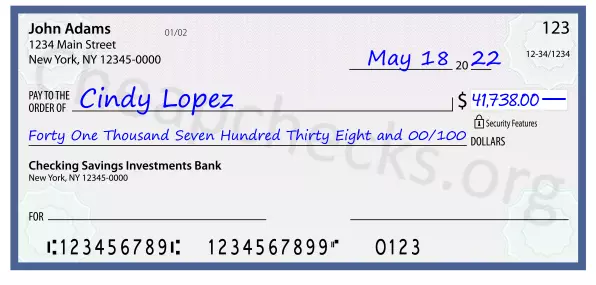 Forty One Thousand Seven Hundred Thirty Eight and 00/100 filled out on a check