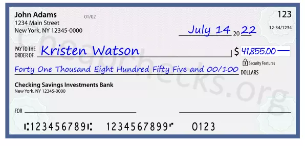 Forty One Thousand Eight Hundred Fifty Five and 00/100 filled out on a check