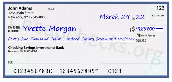 Forty One Thousand Eight Hundred Eighty Seven and 00/100 filled out on a check