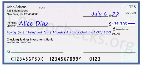 Forty One Thousand Nine Hundred Forty One and 00/100 filled out on a check