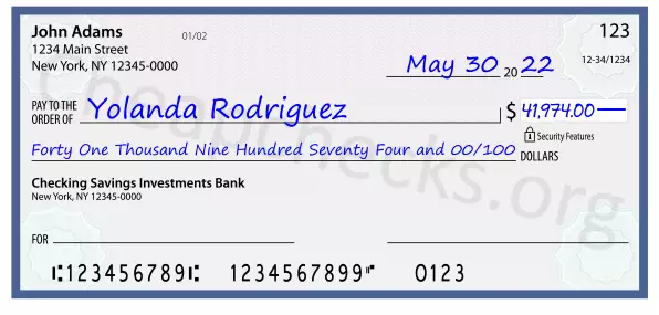 Forty One Thousand Nine Hundred Seventy Four and 00/100 filled out on a check