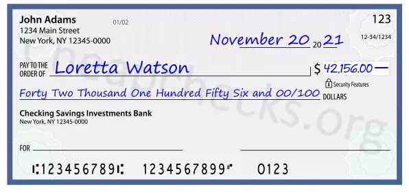 Forty Two Thousand One Hundred Fifty Six and 00/100 filled out on a check