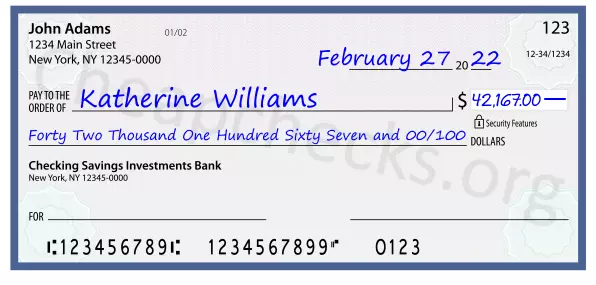 Forty Two Thousand One Hundred Sixty Seven and 00/100 filled out on a check