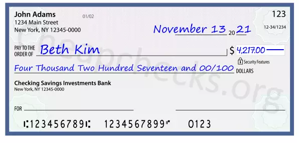 Four Thousand Two Hundred Seventeen and 00/100 filled out on a check