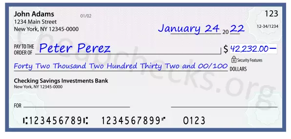 Forty Two Thousand Two Hundred Thirty Two and 00/100 filled out on a check