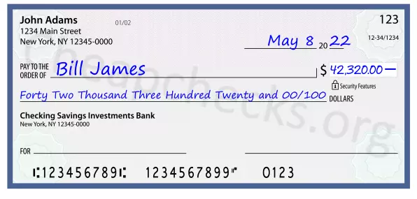 Forty Two Thousand Three Hundred Twenty and 00/100 filled out on a check