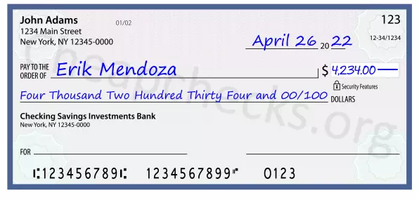 Four Thousand Two Hundred Thirty Four and 00/100 filled out on a check