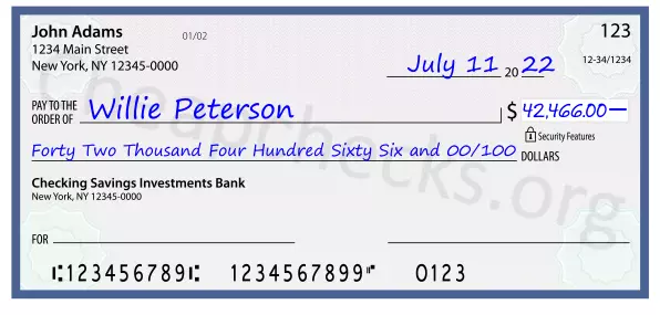 Forty Two Thousand Four Hundred Sixty Six and 00/100 filled out on a check