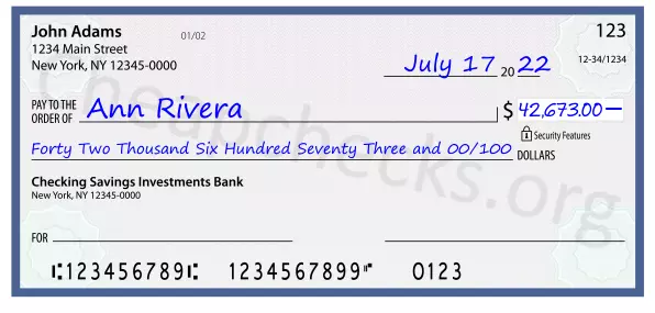 Forty Two Thousand Six Hundred Seventy Three and 00/100 filled out on a check