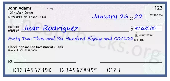 Forty Two Thousand Six Hundred Eighty and 00/100 filled out on a check