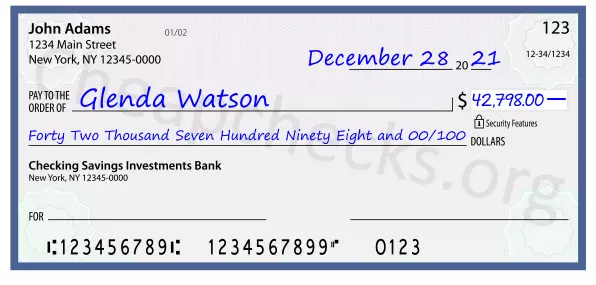 Forty Two Thousand Seven Hundred Ninety Eight and 00/100 filled out on a check