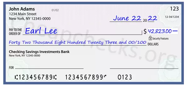 Forty Two Thousand Eight Hundred Twenty Three and 00/100 filled out on a check