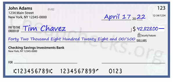 Forty Two Thousand Eight Hundred Twenty Eight and 00/100 filled out on a check