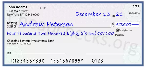 Four Thousand Two Hundred Eighty Six and 00/100 filled out on a check