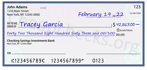 Forty Two Thousand Eight Hundred Sixty Three and 00/100 filled out on a check