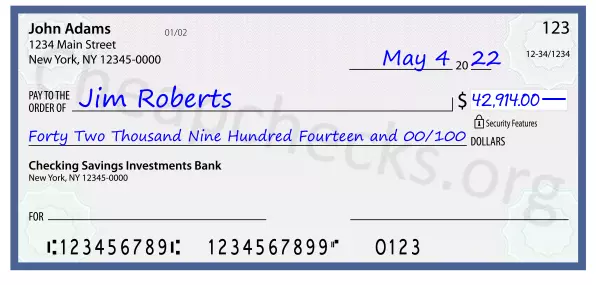 Forty Two Thousand Nine Hundred Fourteen and 00/100 filled out on a check