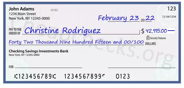 Forty Two Thousand Nine Hundred Fifteen and 00/100 filled out on a check