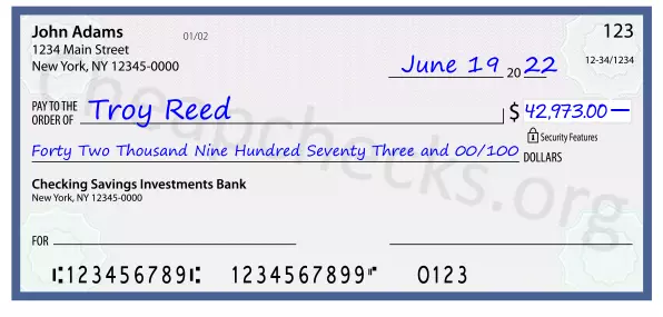 Forty Two Thousand Nine Hundred Seventy Three and 00/100 filled out on a check