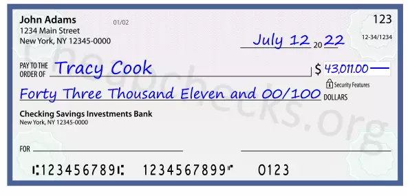 Forty Three Thousand Eleven and 00/100 filled out on a check