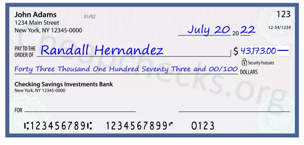 Forty Three Thousand One Hundred Seventy Three and 00/100 filled out on a check