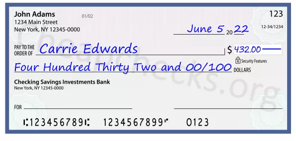 Four Hundred Thirty Two and 00/100 filled out on a check