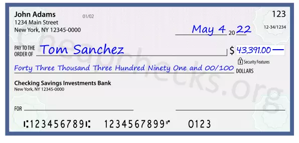 Forty Three Thousand Three Hundred Ninety One and 00/100 filled out on a check