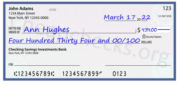 Four Hundred Thirty Four and 00/100 filled out on a check