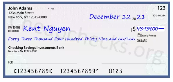 Forty Three Thousand Four Hundred Thirty Nine and 00/100 filled out on a check