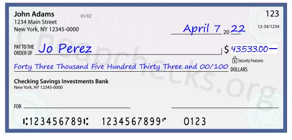 Forty Three Thousand Five Hundred Thirty Three and 00/100 filled out on a check