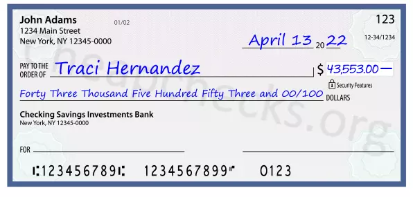 Forty Three Thousand Five Hundred Fifty Three and 00/100 filled out on a check