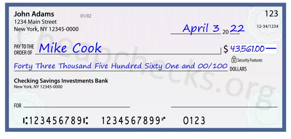 Forty Three Thousand Five Hundred Sixty One and 00/100 filled out on a check