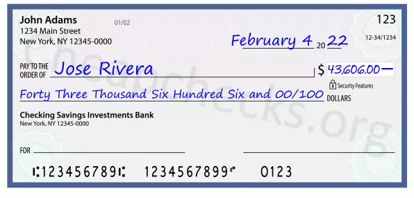 Forty Three Thousand Six Hundred Six and 00/100 filled out on a check