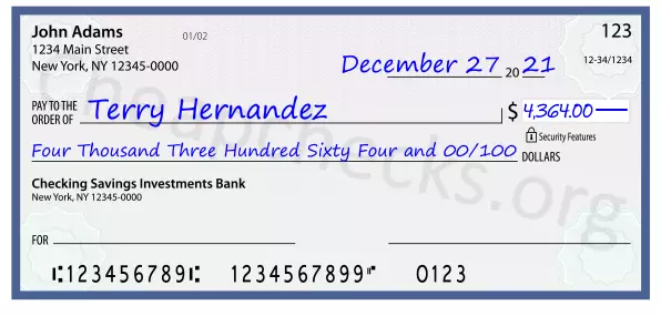 Four Thousand Three Hundred Sixty Four and 00/100 filled out on a check