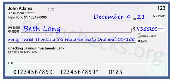 Forty Three Thousand Six Hundred Sixty One and 00/100 filled out on a check