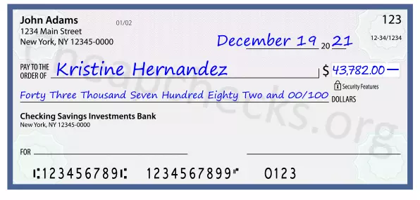 Forty Three Thousand Seven Hundred Eighty Two and 00/100 filled out on a check