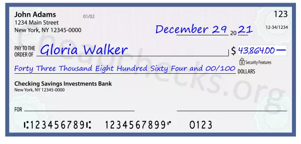 Forty Three Thousand Eight Hundred Sixty Four and 00/100 filled out on a check