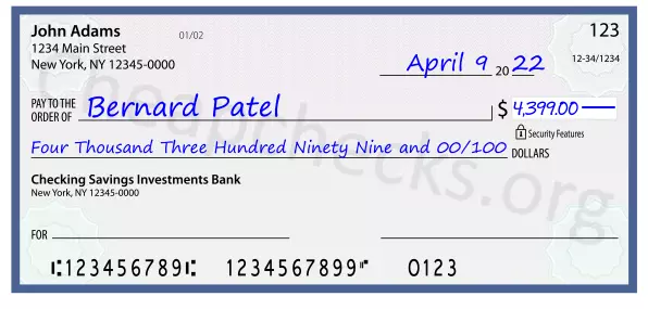 Four Thousand Three Hundred Ninety Nine and 00/100 filled out on a check