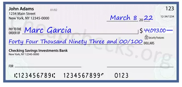 Forty Four Thousand Ninety Three and 00/100 filled out on a check