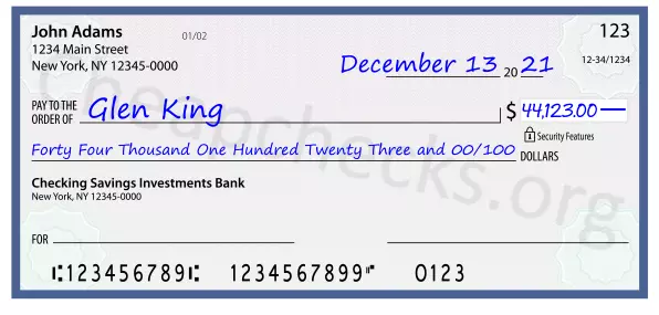 Forty Four Thousand One Hundred Twenty Three and 00/100 filled out on a check