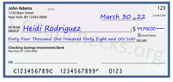 Forty Four Thousand One Hundred Forty Eight and 00/100 filled out on a check