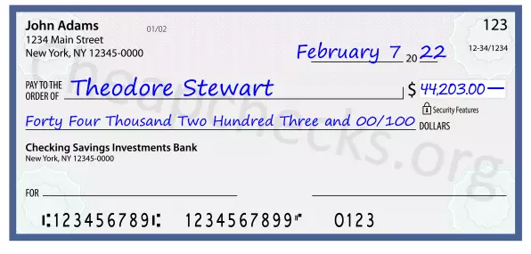 Forty Four Thousand Two Hundred Three and 00/100 filled out on a check