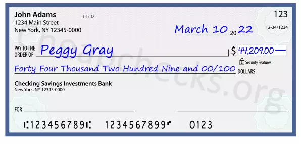 Forty Four Thousand Two Hundred Nine and 00/100 filled out on a check