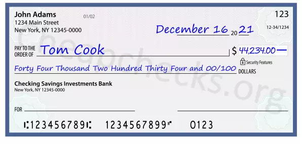 Forty Four Thousand Two Hundred Thirty Four and 00/100 filled out on a check