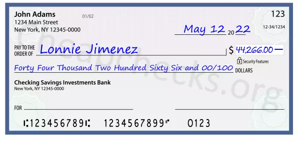 Forty Four Thousand Two Hundred Sixty Six and 00/100 filled out on a check