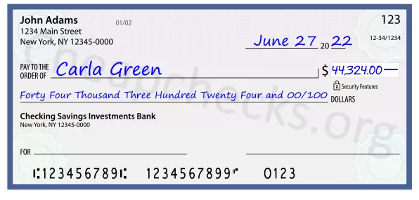 Forty Four Thousand Three Hundred Twenty Four and 00/100 filled out on a check