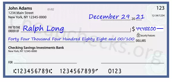 Forty Four Thousand Four Hundred Eighty Eight and 00/100 filled out on a check