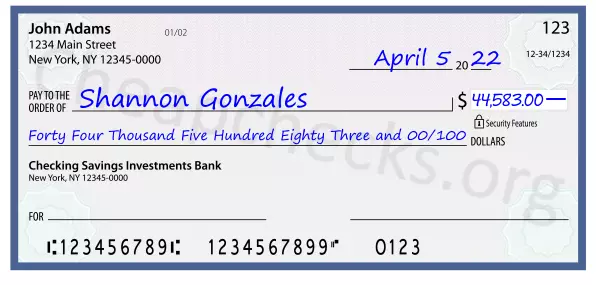 Forty Four Thousand Five Hundred Eighty Three and 00/100 filled out on a check