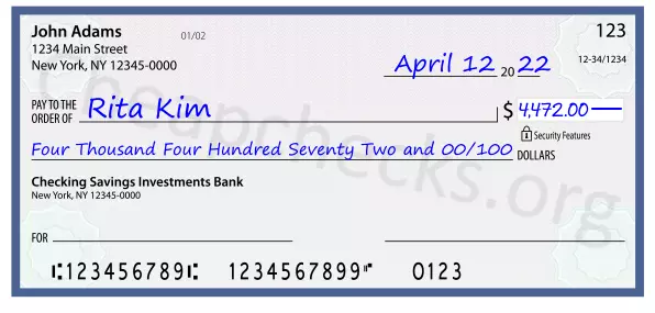 Four Thousand Four Hundred Seventy Two and 00/100 filled out on a check