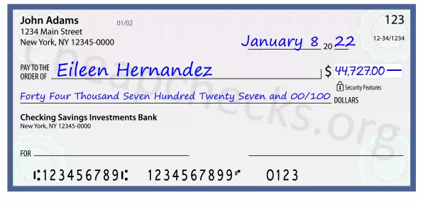 Forty Four Thousand Seven Hundred Twenty Seven and 00/100 filled out on a check