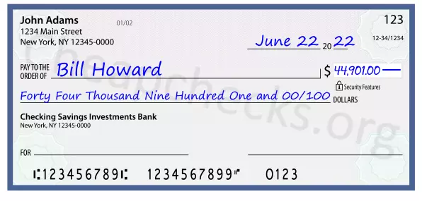 Forty Four Thousand Nine Hundred One and 00/100 filled out on a check